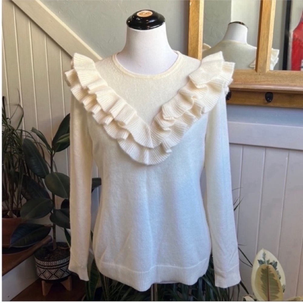 Charter Club Luxury 100% Cashmere Ruffle Trim Sweater in Cream